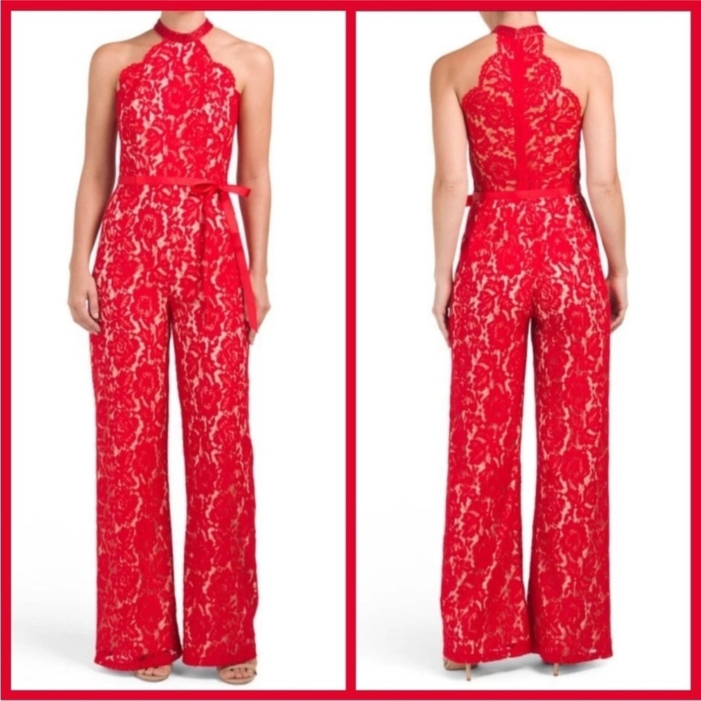 NWT formal cocktail holiday red lotus threads lace halter jumpsuit size 4